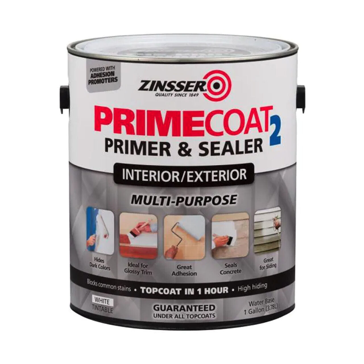 A 1 gal. can of Go Build PrimeCoat2 Water-Based Interior/Exterior Multi-Purpose Primer & Sealer (Tintable White) features icons for hiding dark colors, sealing concrete, and excellent adhesion.